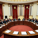 **A dynamic and intense plenary session of the Montenegrin Parliament (Skupština).** Depict diverse members of parliament (deputies) engaged in passionate debate, with gestures and expressions that convey the vitality and authenticity of democratic discussions. The architectural features of the chamber should be visible, emphasizing the importance of the legislative heart of the country.