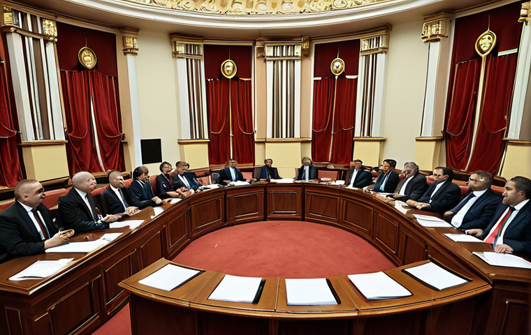 **A dynamic and intense plenary session of the Montenegrin Parliament (Skupština).** Depict diverse members of parliament (deputies) engaged in passionate debate, with gestures and expressions that convey the vitality and authenticity of democratic discussions. The architectural features of the chamber should be visible, emphasizing the importance of the legislative heart of the country.