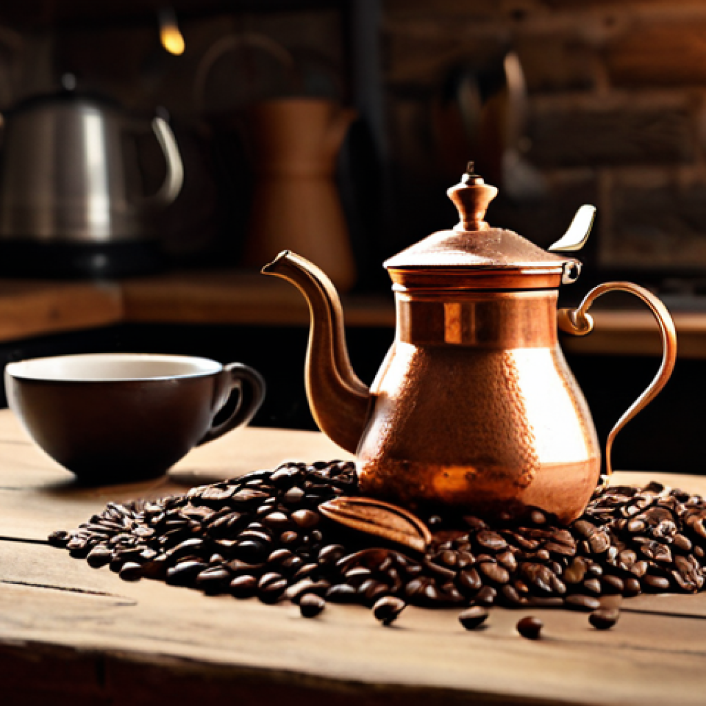 **
"A traditional copper Džezva coffee pot on a rustic wooden table, with finely ground coffee beans scattered around. Background shows a cozy Montenegrin kitchen with warm lighting. Focus on the rich textures and details of the coffee pot and beans. safe for work, appropriate content, fully clothed, professional, perfect anatomy, natural proportions, high quality."
**