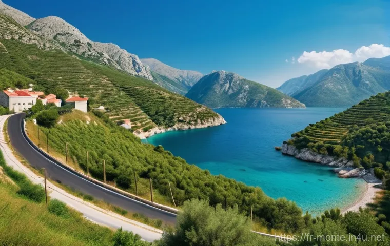 몬테네그로 비행기 노선 - **Prompt:** A serene and picturesque panoramic view of Montenegro's dramatic coastline, where lush, ...