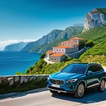 몬테네그로 렌터카 이용법 - **Prompt:** A vibrant, sunny day in Montenegro. A compact SUV, clean and modern, is expertly navigat...