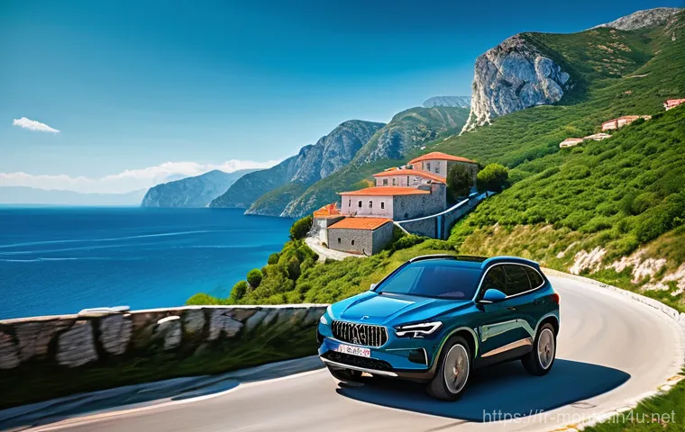 몬테네그로 렌터카 이용법 - **Prompt:** A vibrant, sunny day in Montenegro. A compact SUV, clean and modern, is expertly navigat...