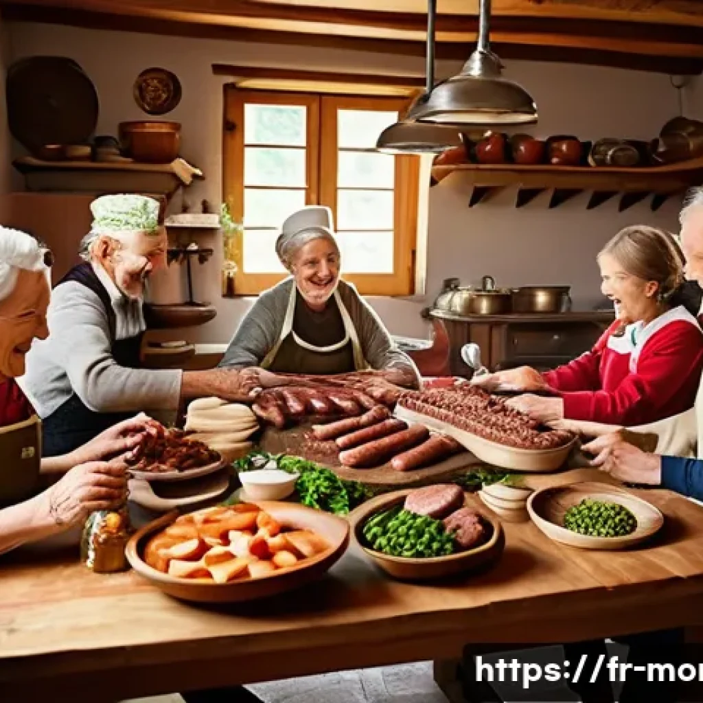 체바피와 몬테네그로 - A lively traditional family scene in a rustic mountain village kitchen, with multiple generations&mdash;gr...