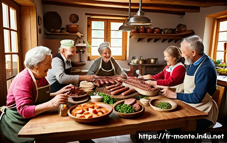 체바피와 몬테네그로 - A lively traditional family scene in a rustic mountain village kitchen, with multiple generations—gr...