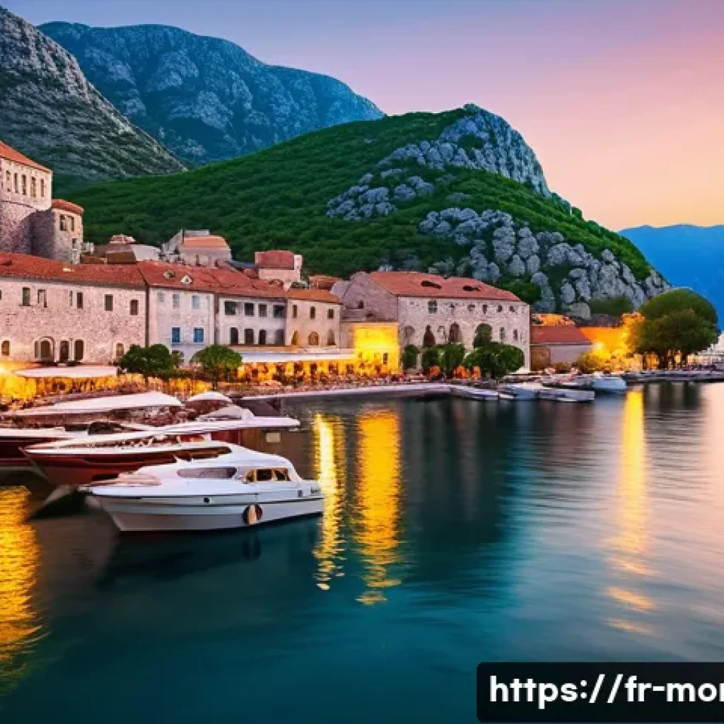몬테네그로에서 집 구하는 법 - A charming medieval coastal town scene at sunset, featuring narrow cobblestone streets lined with hi...