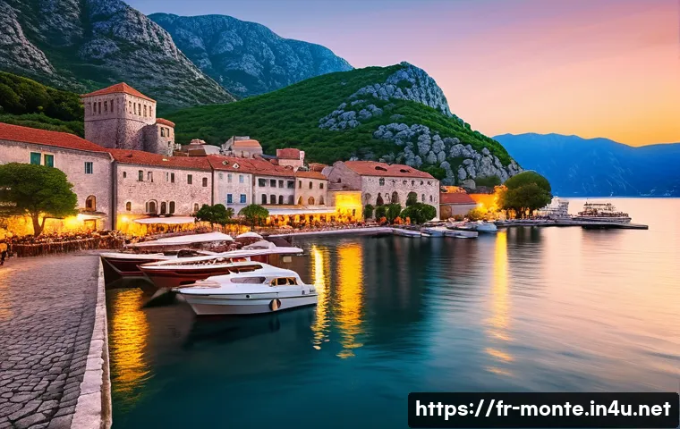 몬테네그로에서 집 구하는 법 - A charming medieval coastal town scene at sunset, featuring narrow cobblestone streets lined with hi...