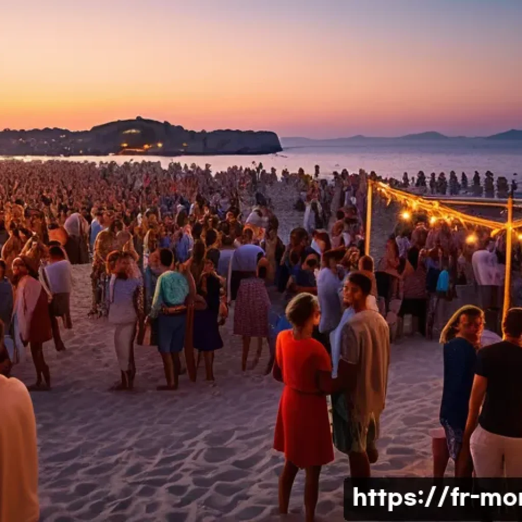 몬테네그로의 밤문화 - A lively Montenegrin beach party scene at sunset, featuring diverse young people dancing barefoot on...