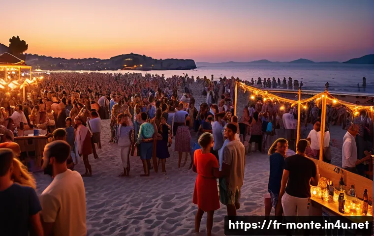 몬테네그로의 밤문화 - A lively Montenegrin beach party scene at sunset, featuring diverse young people dancing barefoot on...