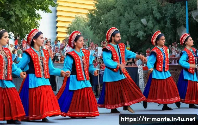 몬테네그로의 유명 축제 - A vibrant traditional Montenegrin folk dance scene at a summer festival in Podgorica, featuring danc...