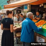 Home 22 몬테네그로 여행 주의사항 - A bustling Montenegrin outdoor market scene in a small town, showing locals and tourists exchanging ...