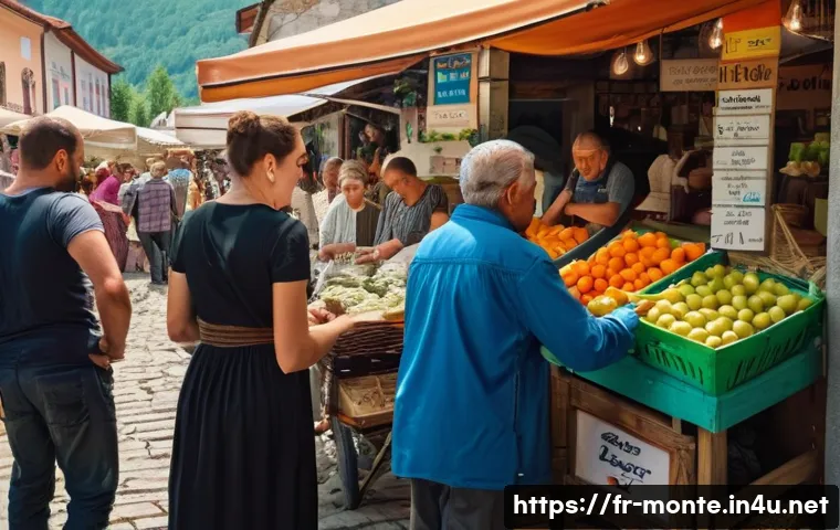 몬테네그로 여행 주의사항 - A bustling Montenegrin outdoor market scene in a small town, showing locals and tourists exchanging ...