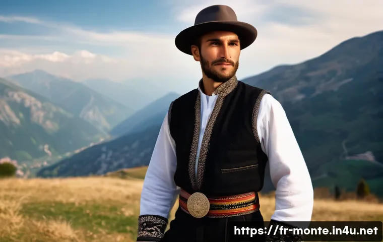 몬테네그로 전통 의상 - A detailed portrait of a Montenegrin man wearing traditional costume: a thick woolen short jacket ad...
