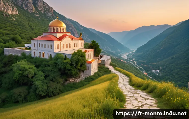 몬테네그로 주요 사원 - A majestic Orthodox monastery perched on a rugged cliff in Montenegro, surrounded by lush green moun...