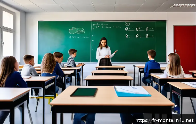 몬테네그로의 교육제도 - A modern classroom in Montenegro featuring diverse students aged around 12-14 actively engaging with...