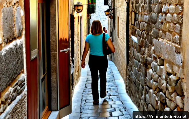Home 17 몬테네그로에서의 소매치기 위험 - Photorealistic travel safety scene in Kotor, Montenegro: a French tourist couple walking through a n...