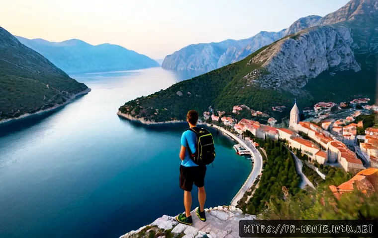 Home 17 몬테네그로 배낭여행 가이드 - Photorealistic travel scene in Montenegro, a French backpacker with a compact hiking backpack standi...