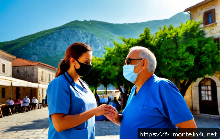 몬테네그로에서의 코로나 대응 - Photorealistic public health scene in Montenegro, a masked female healthcare worker calmly assisting...